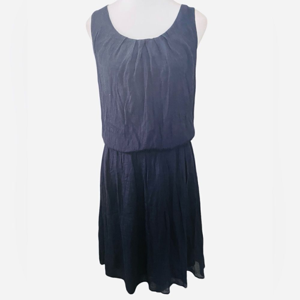 SLEEVELESS NAVY DRESS WITH GATHERED WAIST‎